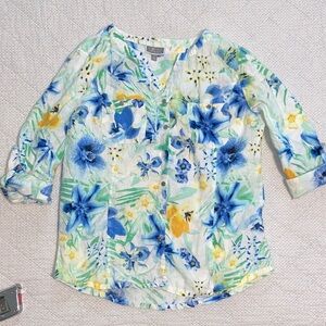 JM Collection Floral Button Down Shirt - Blue, Yellow, Green